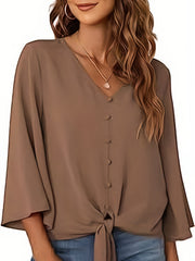  Casual Blouse Women's Plus Solid Button Decor Half Sleeve