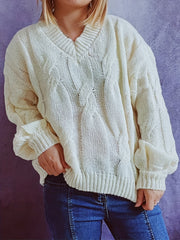  Cable Knit V-Neck Sweater Long Sleeve