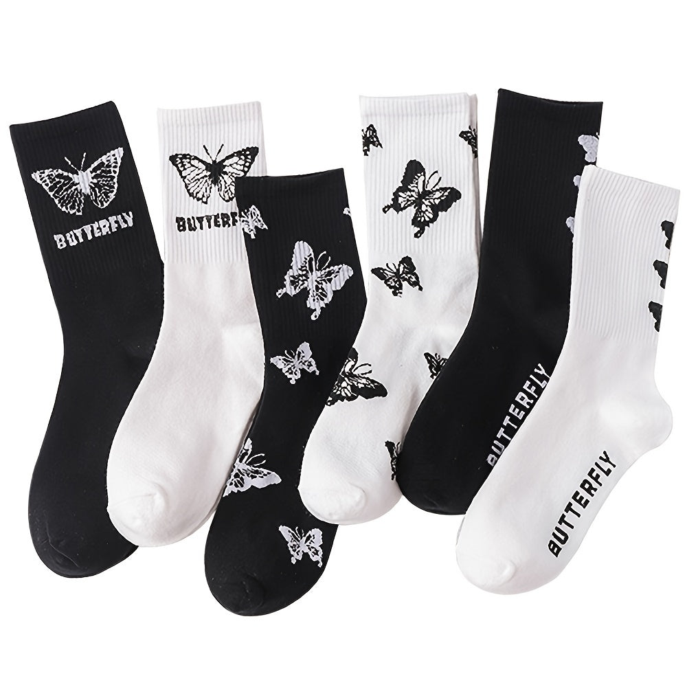 6 Pairs Women Socks Novelty Butterfly Crew Boots Multicolor