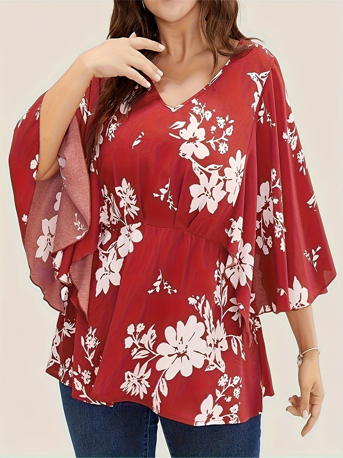  Floral Print Butterfly Sleeve Peplum Blouse