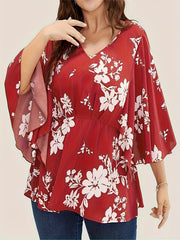  Floral Print Butterfly Sleeve Peplum Blouse