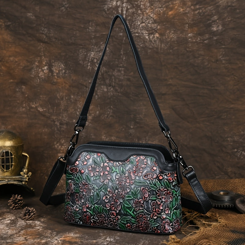 Floral Pattern Leather Crossbody Shoulder Bag Zipper Closure