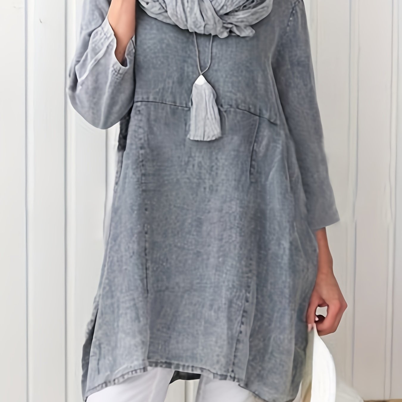  Solid Long Sleeve Round Neck Tunic Top