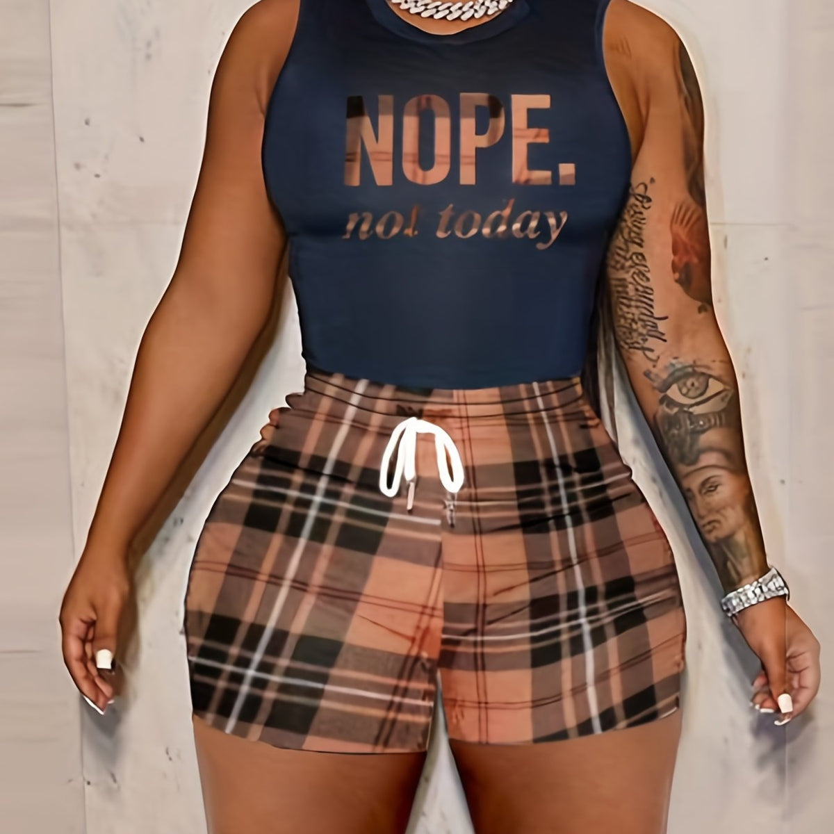  Tank Top & Plaid Shorts Two Piece Set