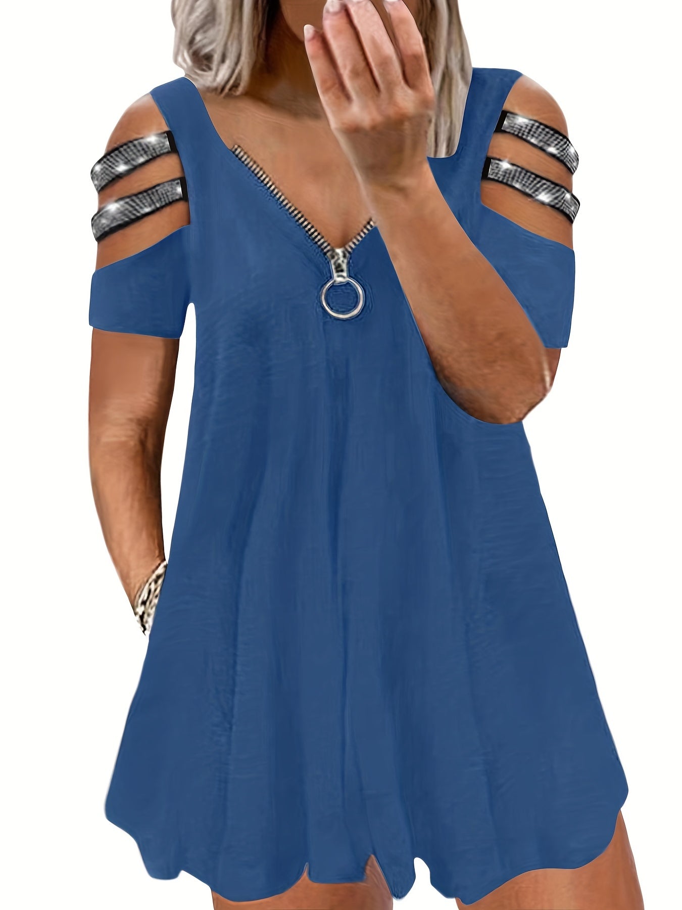  Rhinestone Cut Sleeve V Neck Dress