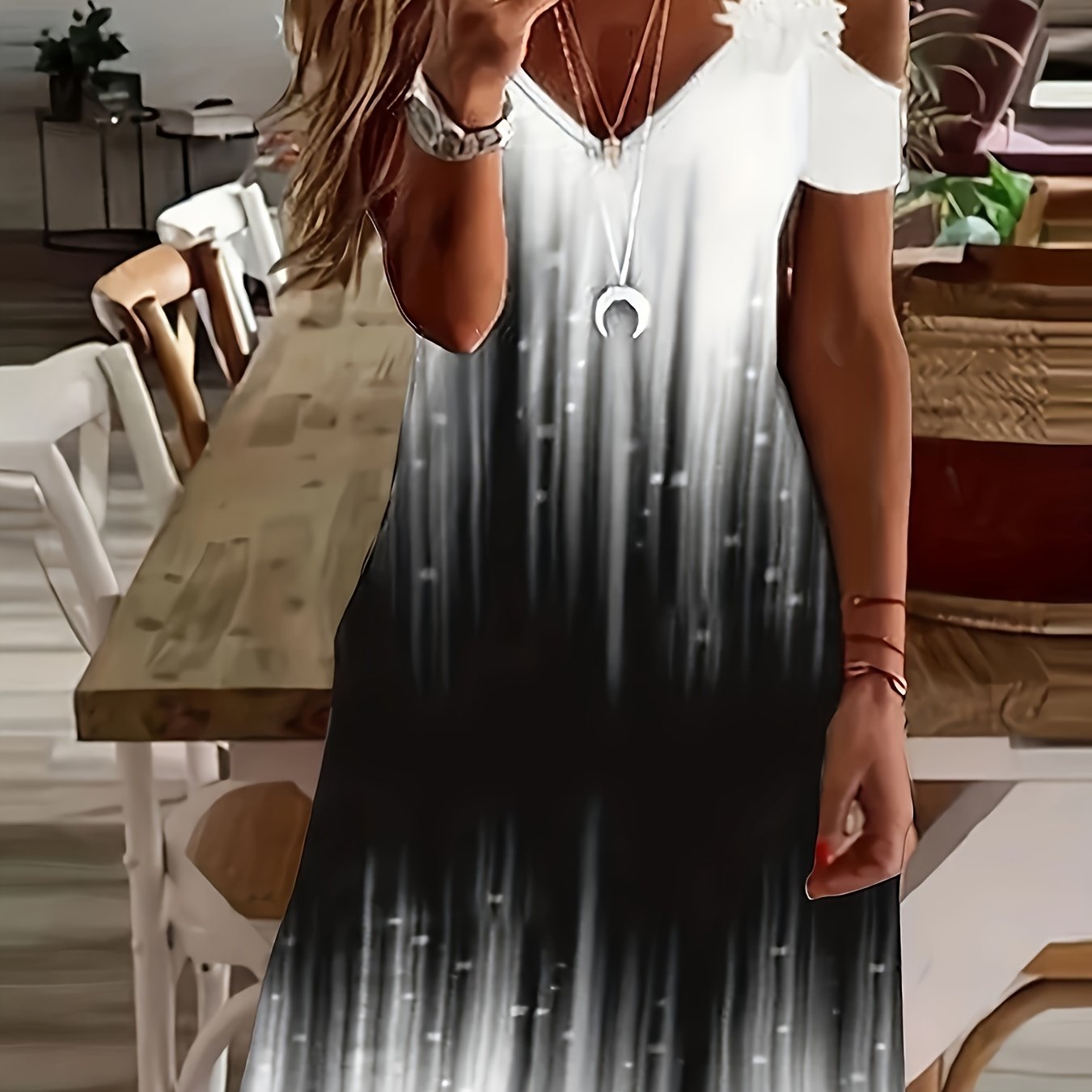  Women's Ombre Print Lace Cold Shoulder Dress