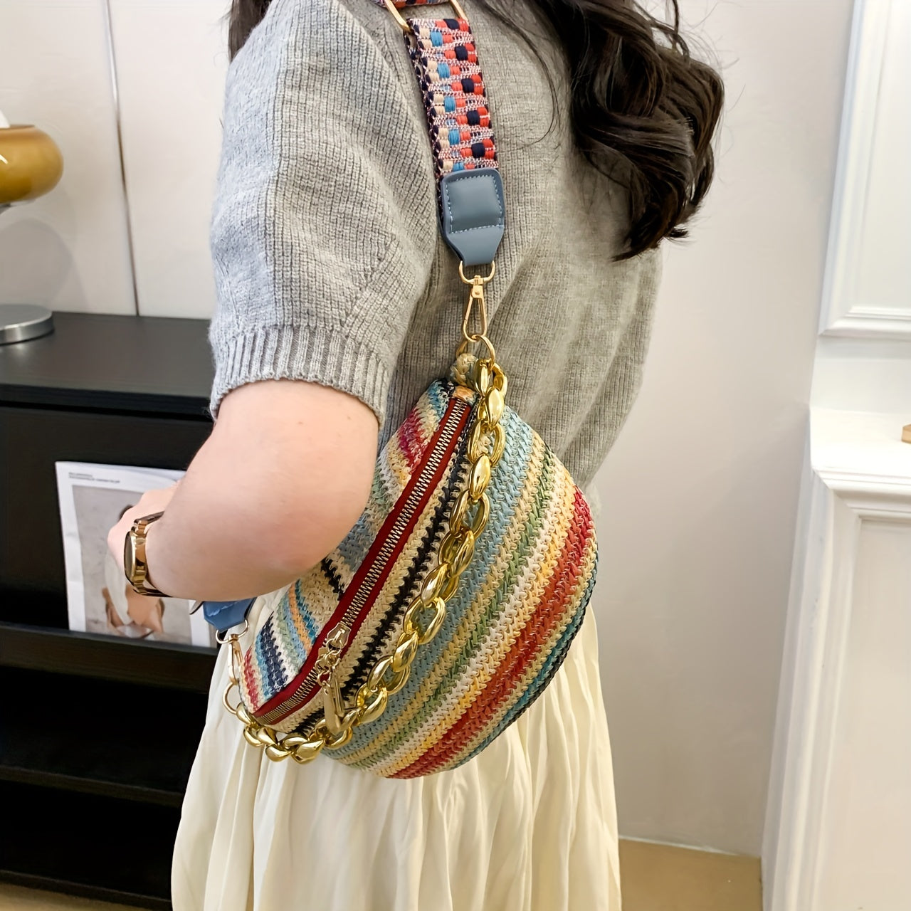 Straw Woven Waist Bag Boho Style Crossbody Bag Colorblock Stripes Chest Purses