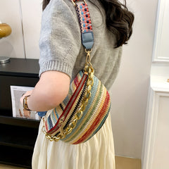 Straw Woven Waist Bag Boho Style Crossbody Bag Colorblock Stripes Chest Purses
