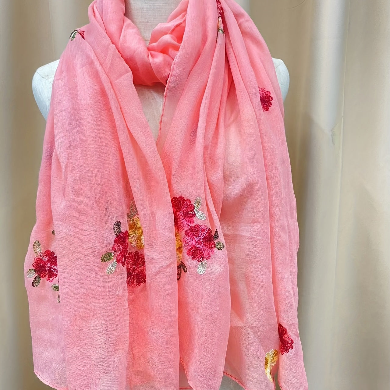 Solid Flower Embroidery Scarf Thin Shawl Windproof Head Wrap
