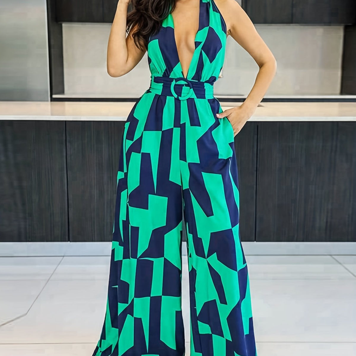 Backless Wide Leg Jumpsuit Plunging V Neck Halter Jumpsuit