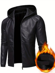 Men's PU Hooded Jacket Zip Up Faux Leather Jacket