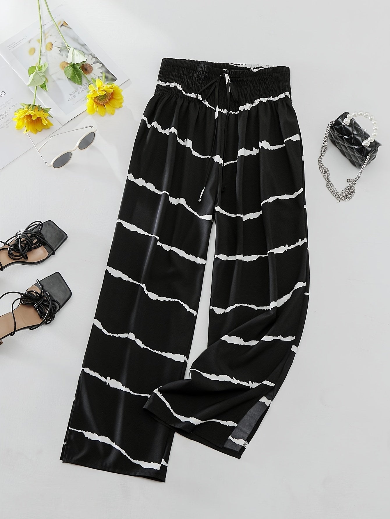  Women's Stripe Print High Rise Wide Leg Trousers