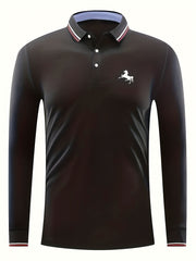 Men's Horse Print Polo Shirt Casual Stretch Button Up Long Sleeve Shirt