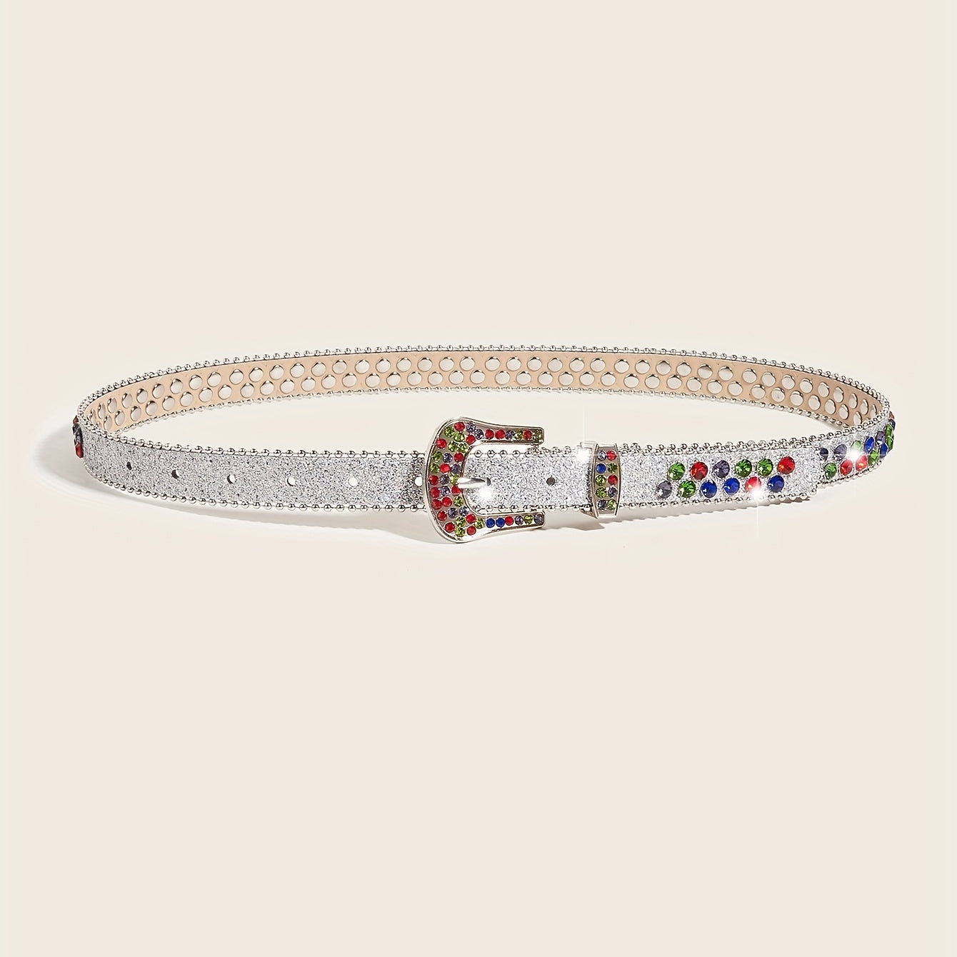 Rhinestone Inlaid PU Belt Sparkly Beads Decor Thin Sequin Belt