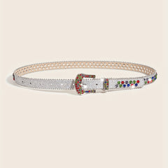 Rhinestone Inlaid PU Belt Sparkly Beads Decor Thin Sequin Belt