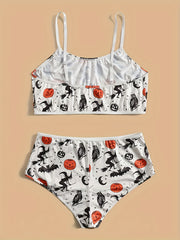  Witch & Bat Print Round Neck Bra & Panty Gothic Lingerie Set