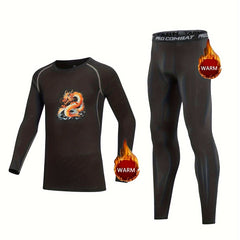 2Pcs Kids Compression Fleece Sets Dragon Pattern Long Sleeve Crew Neck Pullover