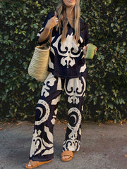  Abstract Print Top & Pants Two Piece Set