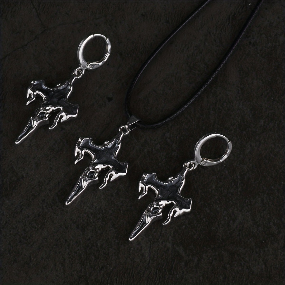 Halloween Gothic Cross Pendant Earring Necklace Set