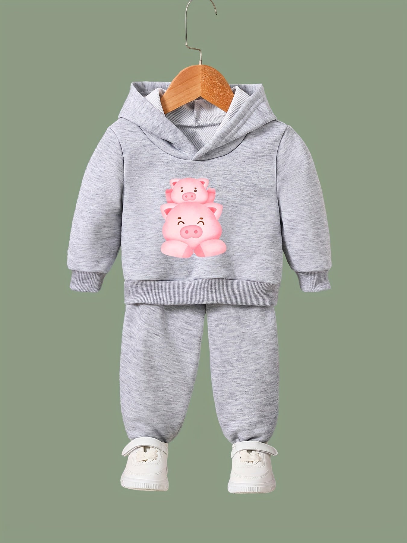 Kids 2pcs Piggy Family Print Hooded Pullover Pants Set For Spring Fall
