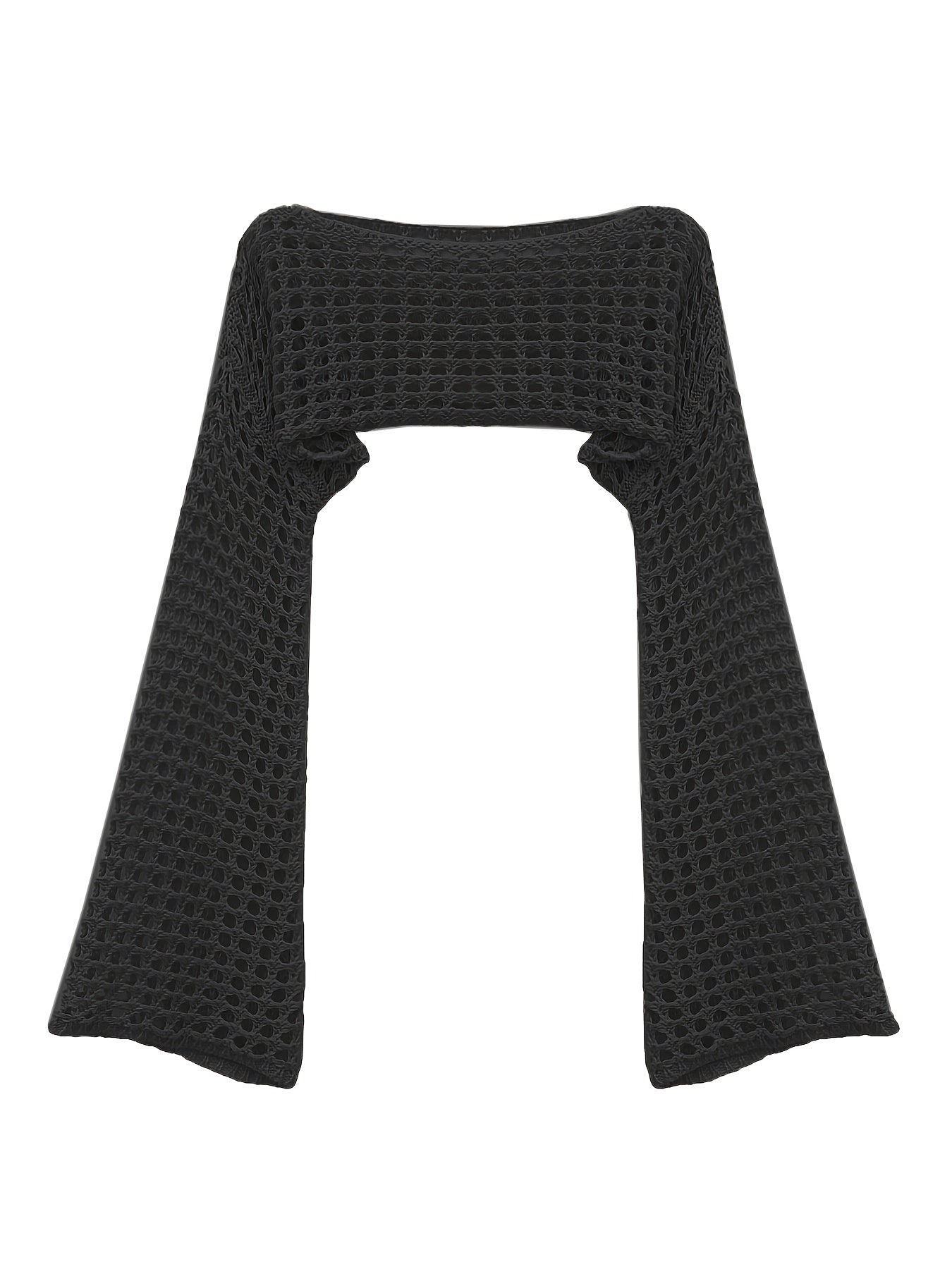 Y2K Crochet Cropped Knit Sweater Crew Neck Flared Sleeve