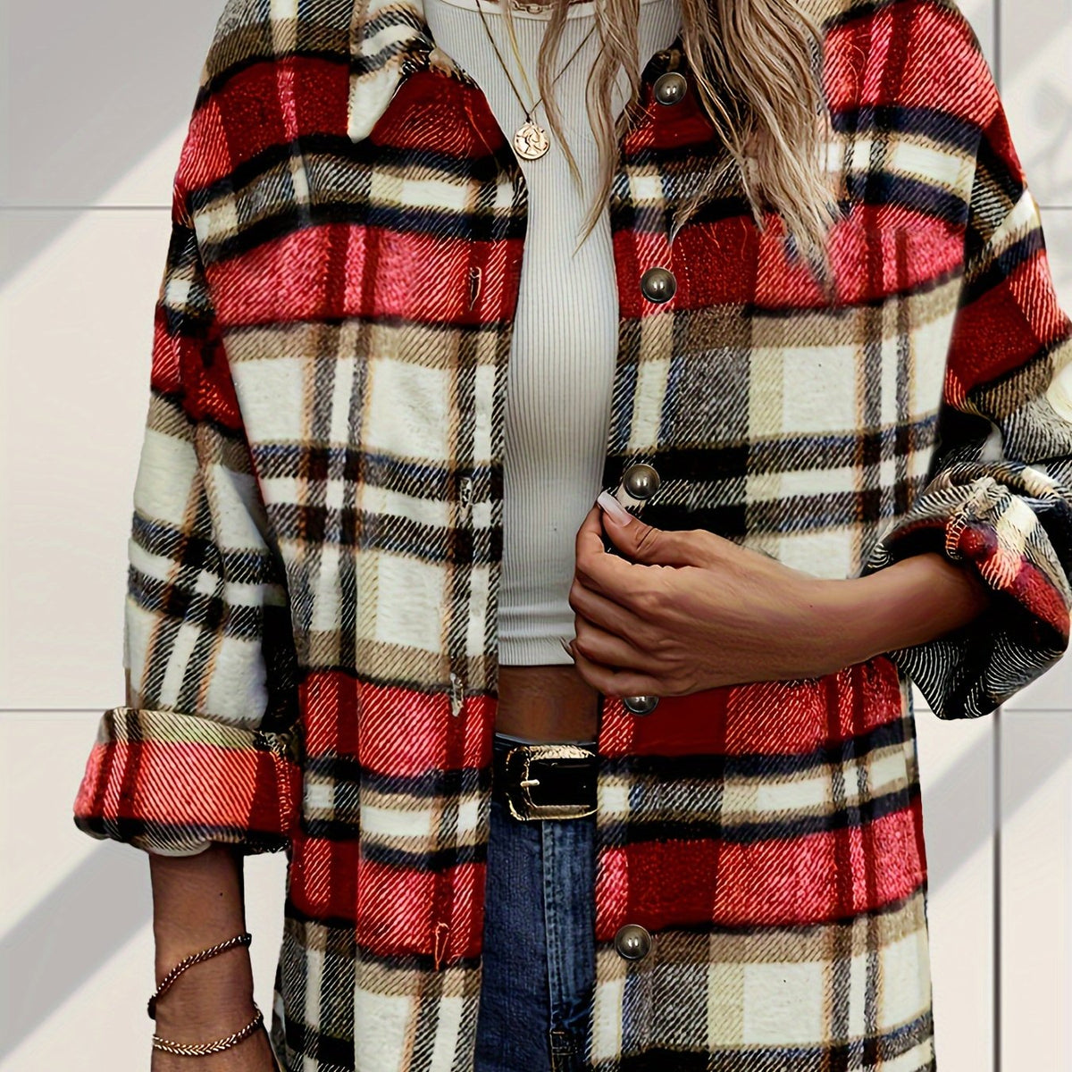 Plaid Long Sleeve Button Up Tunic Top