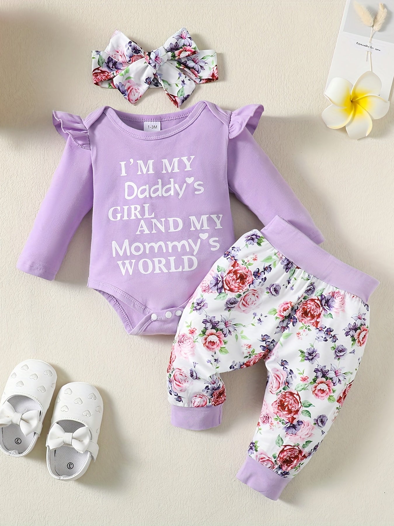 Baby Comfy Romper Floral Pants Headband Set