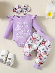 Baby Comfy Romper Floral Pants Headband Set