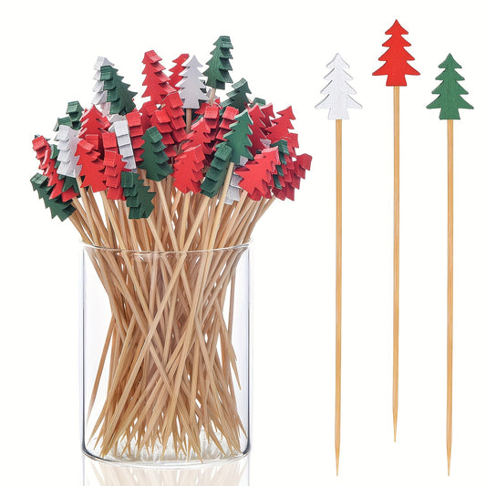 50 Pack Bamboo Christmas Tree Cocktail Picks with Leaf for Appetizers