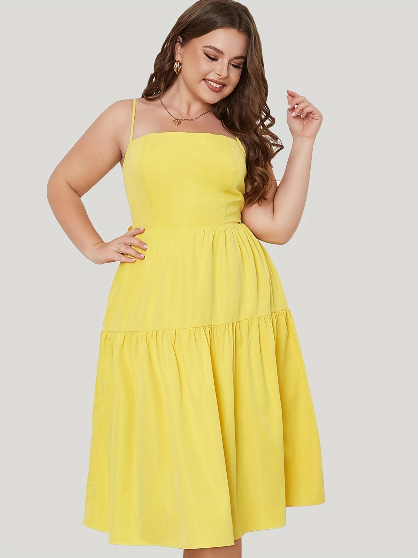  Solid Square Neck Bow Knot Back Midi Dress