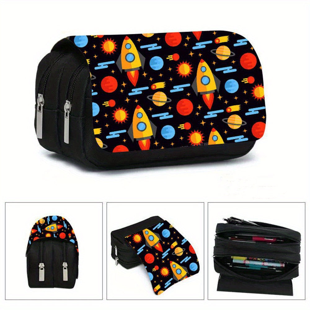 Space Theme Pencil Case with Double Zippers for School Supplies Storage