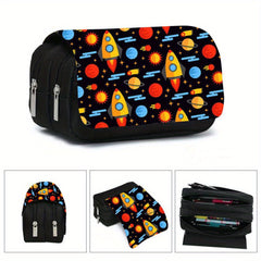 Space Theme Pencil Case with Double Zippers for School Supplies Storage