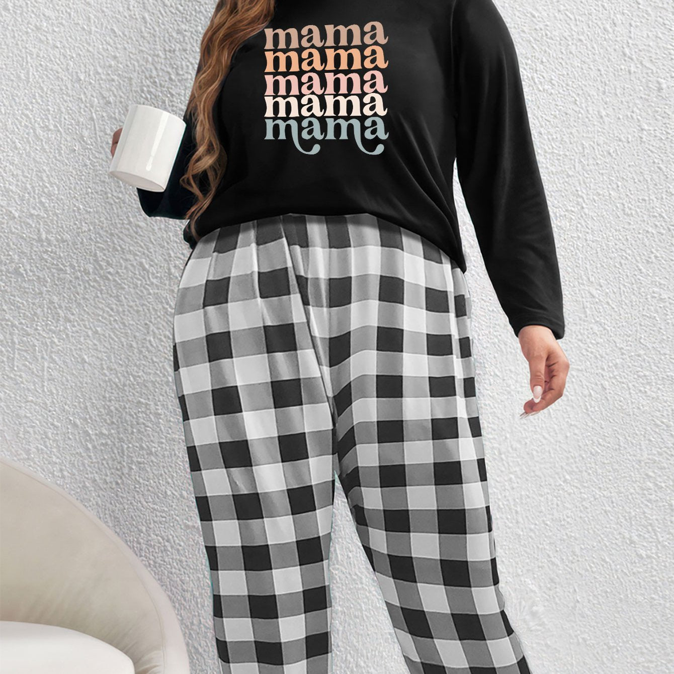  Colorful Letter Print Tee & Plaid Pants Pajama Set