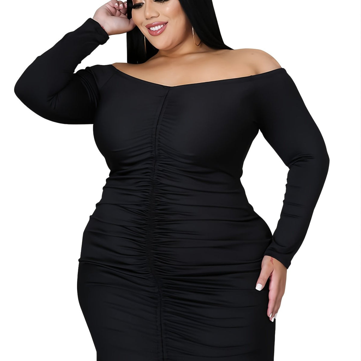Off Shoulder Long Sleeve Bodycon Dress Plus Size
