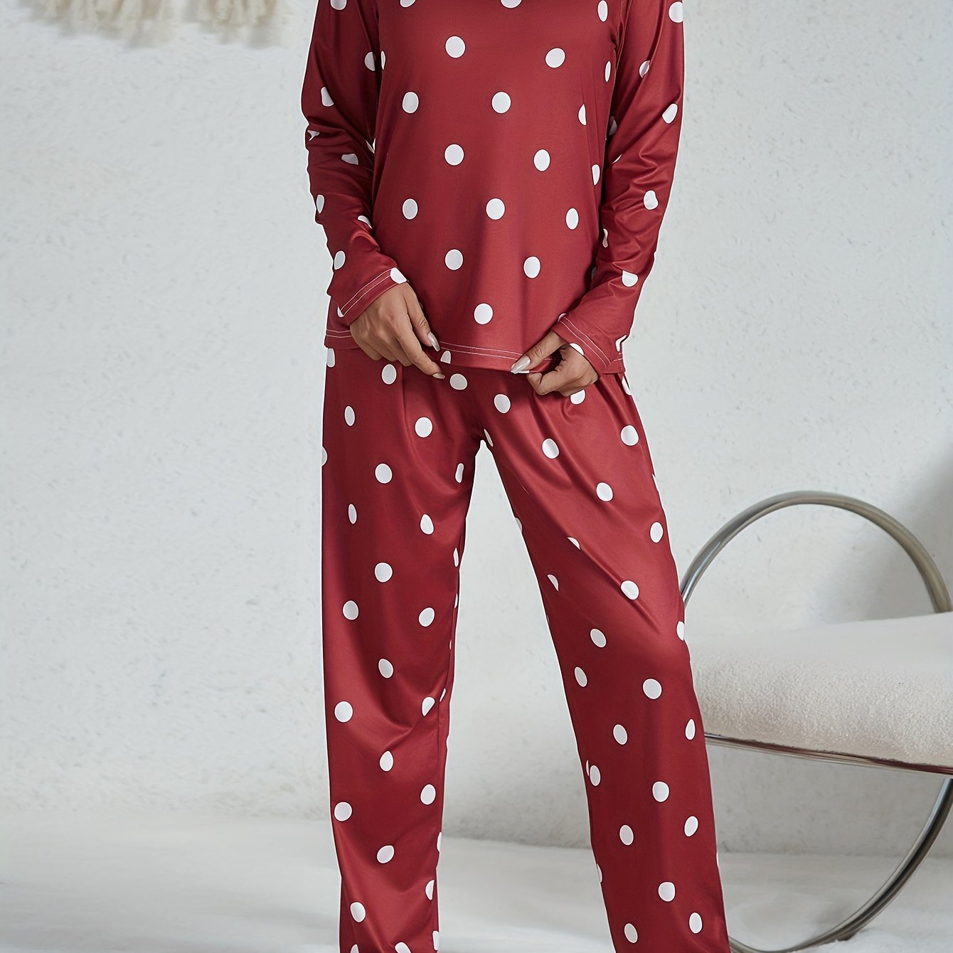 Polka Dots Pajama Set Long Sleeve Round Neck Top And Pants