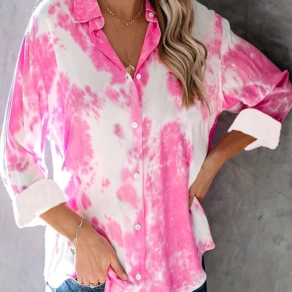  Tie Dye Long Sleeve Button Up Blouse