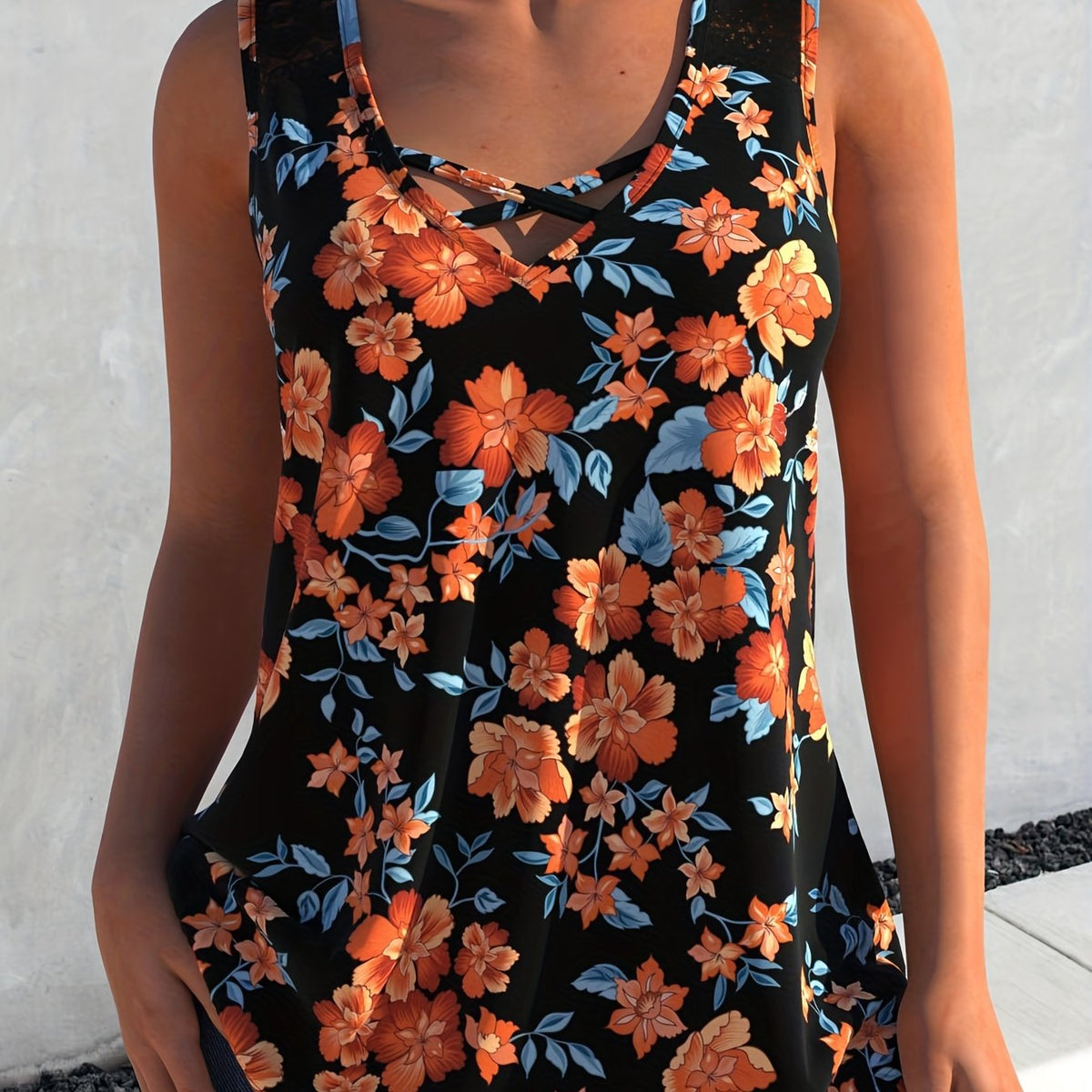  Boho Tank Top Women's Plus Floral Print Criss Cross V Neck