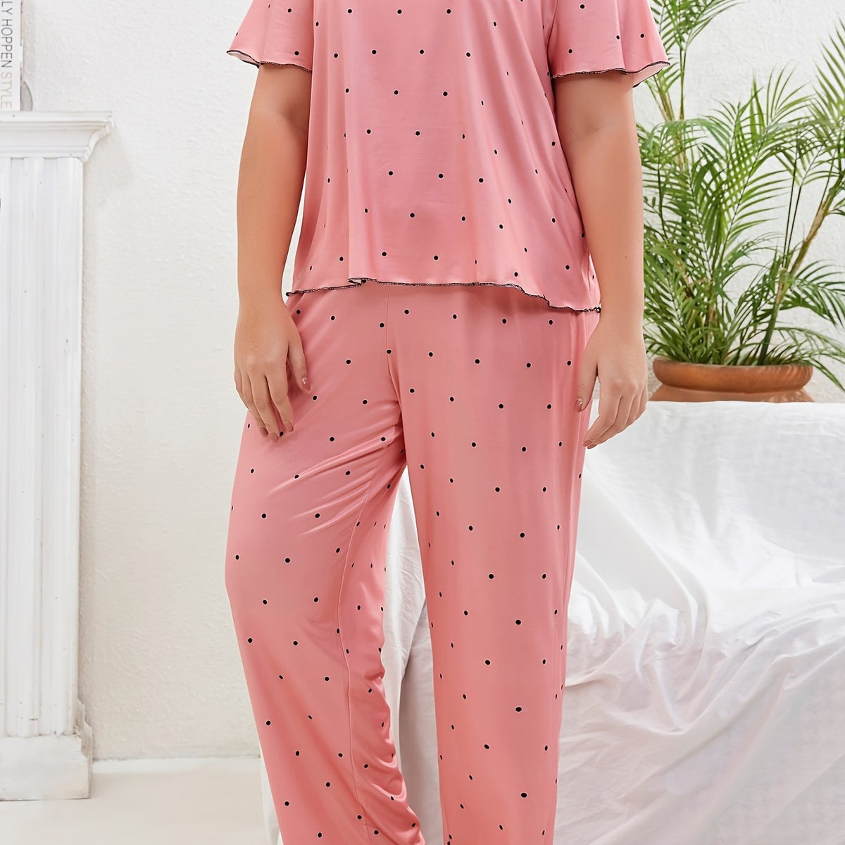  Polka Dot Pajama Set Short Sleeve Tee & Pants Lounge Two Piece