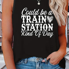 Women's Plus Size Casual Tank Top with Slogan & Heart Print