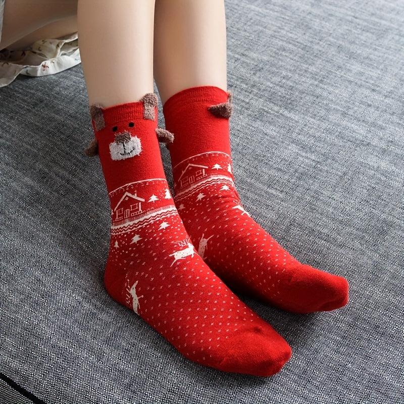 3 Pairs Elk Print Socks Women's Stockings