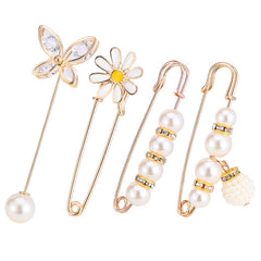 4pcs Faux Pearl Brooch Pins Sweater Shawl Jeans Clips Rhinestones Collar Safety