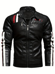 Men's Cycling Jacket Zipper Pockets Washed PU Leather Lapel Zip Up Jacket