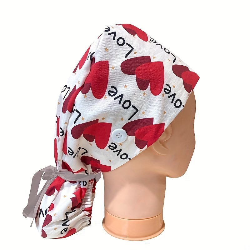 Love Heart Print Work Cap Adjustable Scrub Cap Nurse Hats