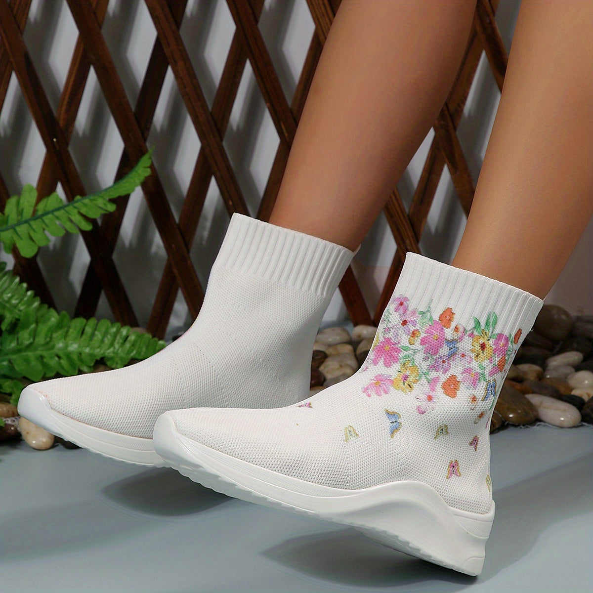 Floral Print Knitted Ankle Boots Slip On Comfortable Walking Shoes
