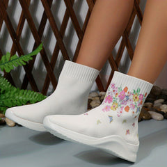 Floral Print Knitted Ankle Boots Slip On Comfortable Walking Shoes