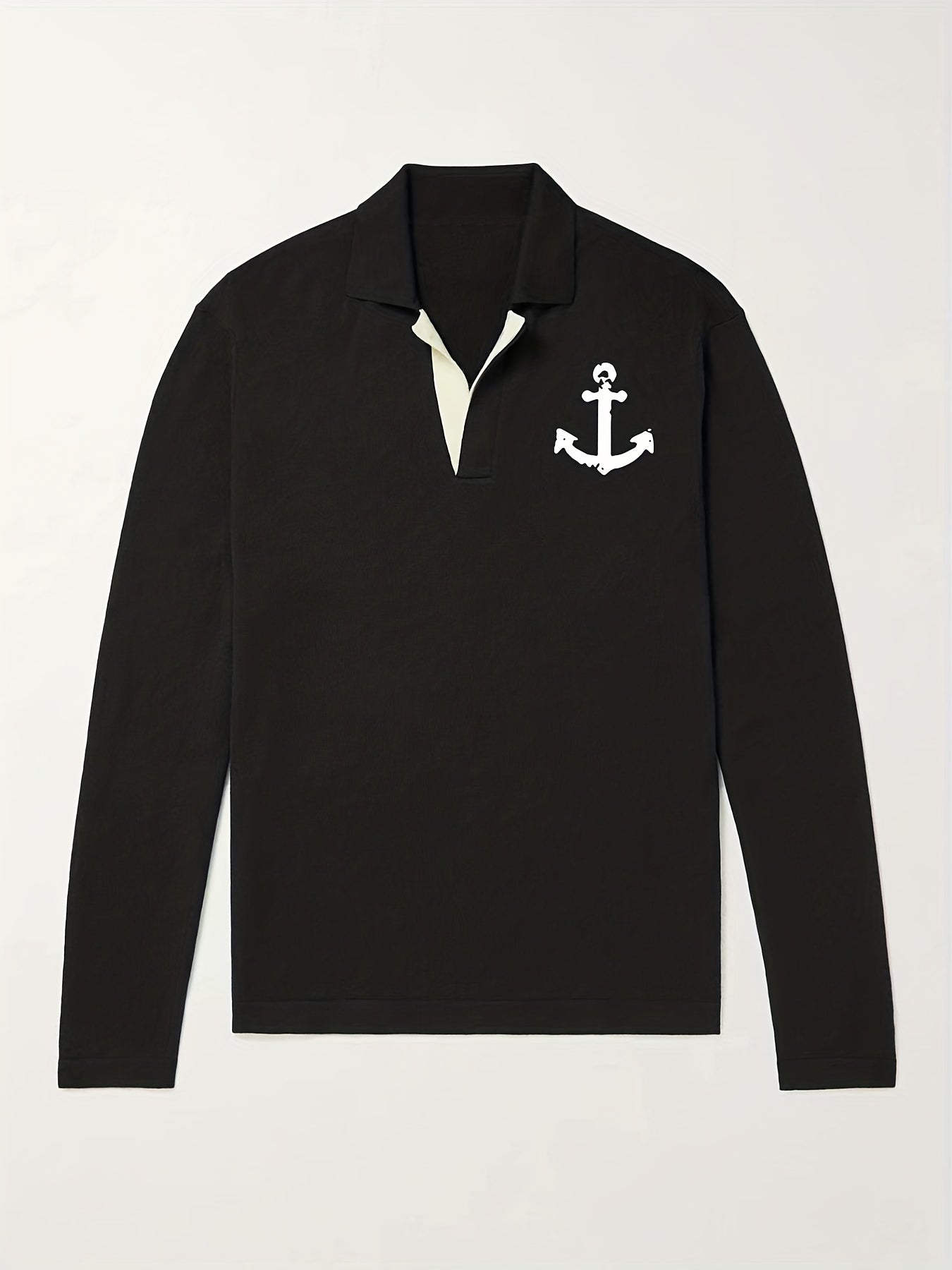 Anchor Pattern Knit Polo Shirt Men's Casual Lapel V Neck Pullover