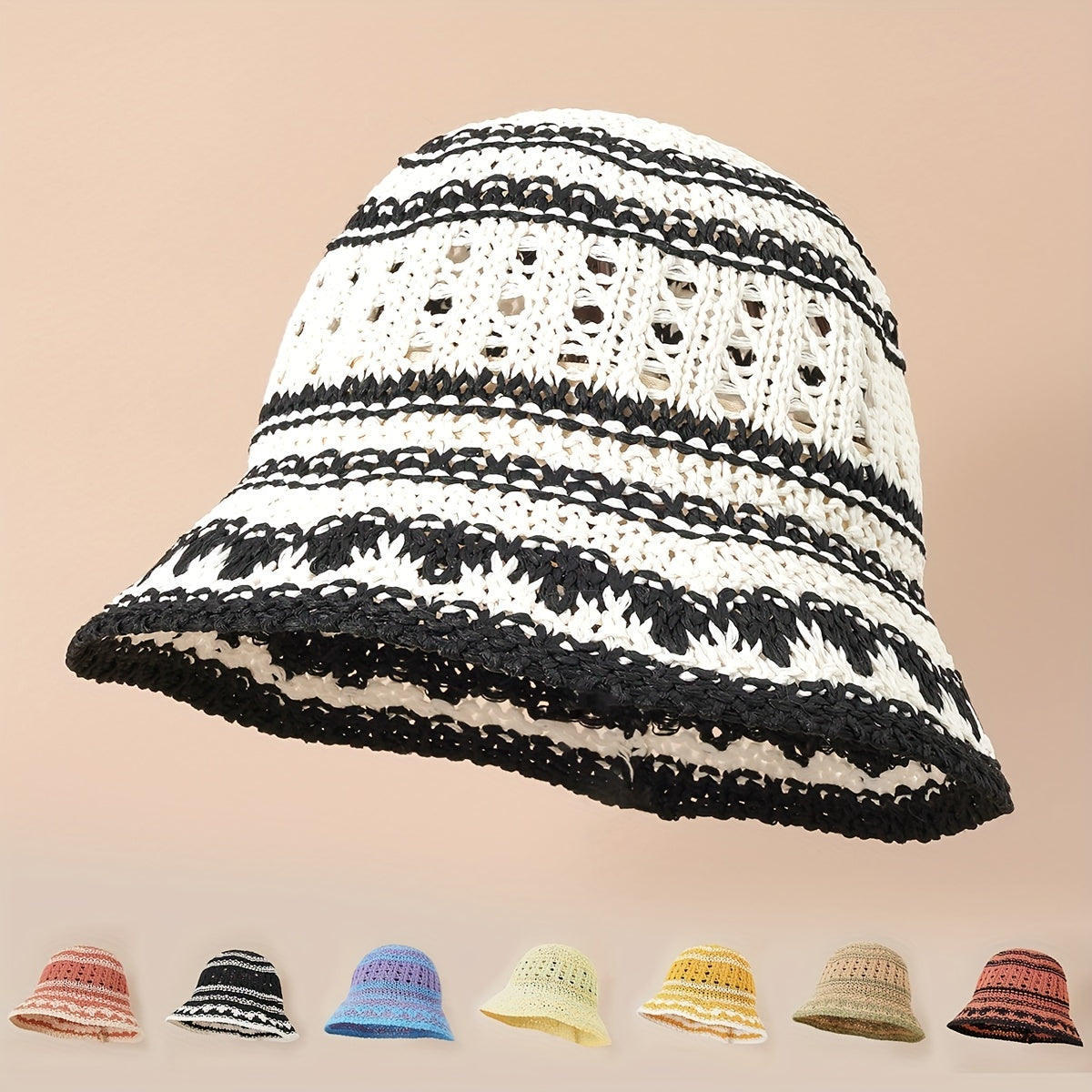 Striped Crochet Bucket Hat Hollow Straw Sun Hat Lightweight Casual Cloche Hat