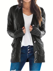  Solid Color Jacquard Button Long Sleeve Cardigan