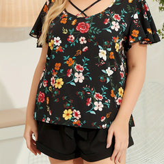  Floral Print Criss Cross Flutter Sleeve Top