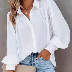  Solid Button Up Lantern Sleeve Blouse